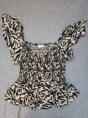 Japna Smocked Zebra Print Ruffle Sleeve Top - Black & Cream